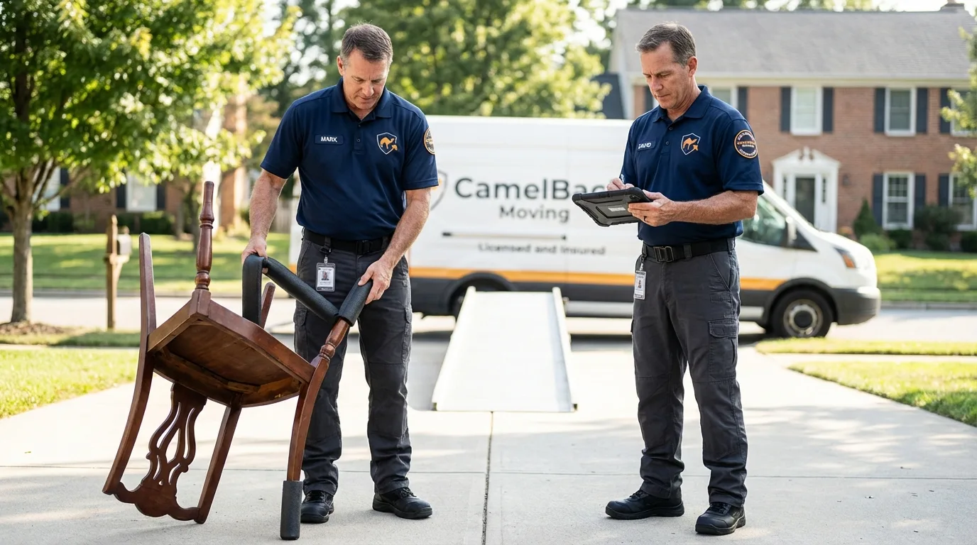 Movers inspecting furniture for damage prevention before loading in Windham, CT